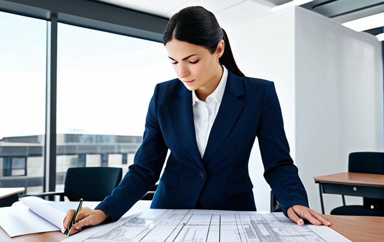 편미분 계산법 - **Prompt:** "A professional female architect, fully clothed in a modest business outfit, reviewing b...
