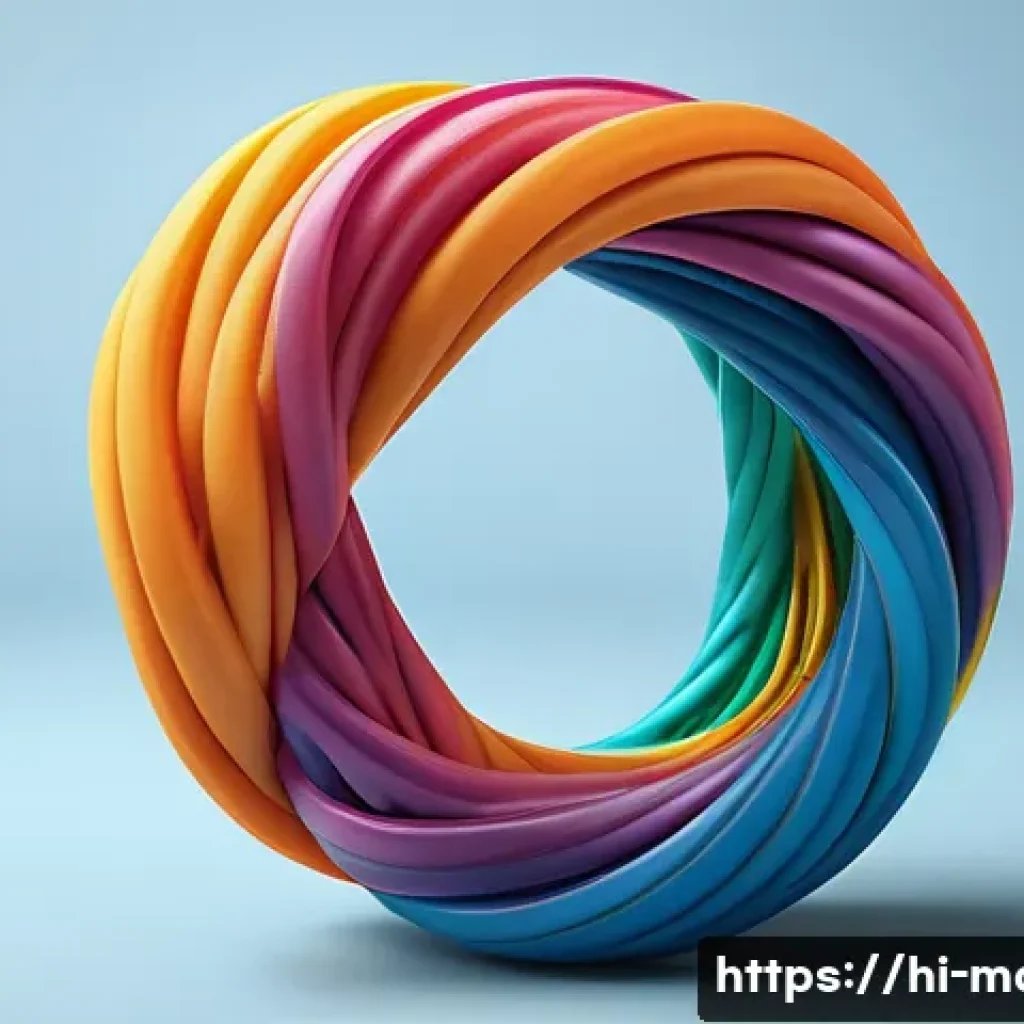 위상수학과 고무 밴드 이론 - A detailed and educational illustration of a flexible rubber band being stretched and twisted, symbo...