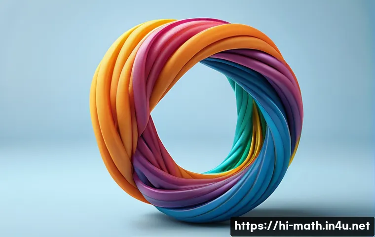 위상수학과 고무 밴드 이론 - A detailed and educational illustration of a flexible rubber band being stretched and twisted, symbo...