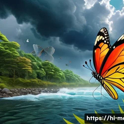 Home 32 카오스 이론과 동역학 시스템 - A vivid, intricate illustration of a butterfly gently flapping its wings amidst a lush, vibrant natu...