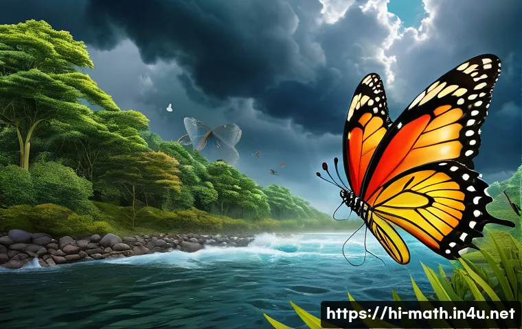 카오스 이론과 동역학 시스템 - A vivid, intricate illustration of a butterfly gently flapping its wings amidst a lush, vibrant natu...