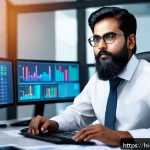 Home 23 블랙숄즈 방정식 기초 - A professional Indian financial analyst in a modern office setting, analyzing complex graphs and cha...